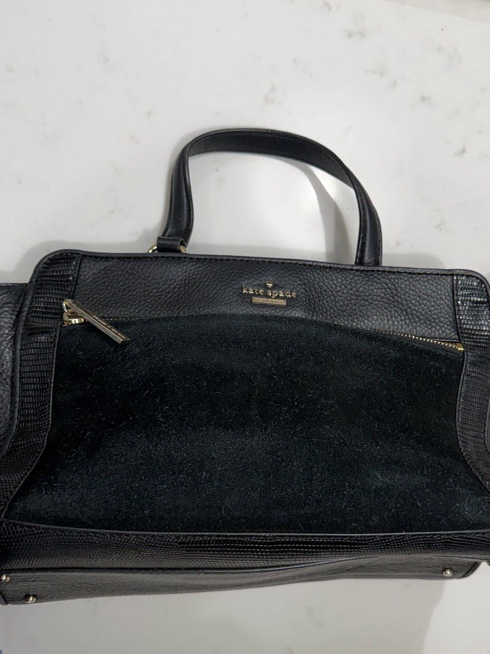 Kate Spade black satchel with mixed materials pebbled leather + suede